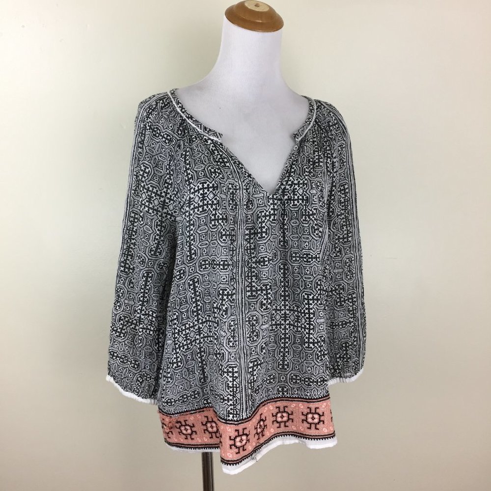 JOIE Black Gray White Print V Neck Multicolor Embroidery Hem Tunic Shirt